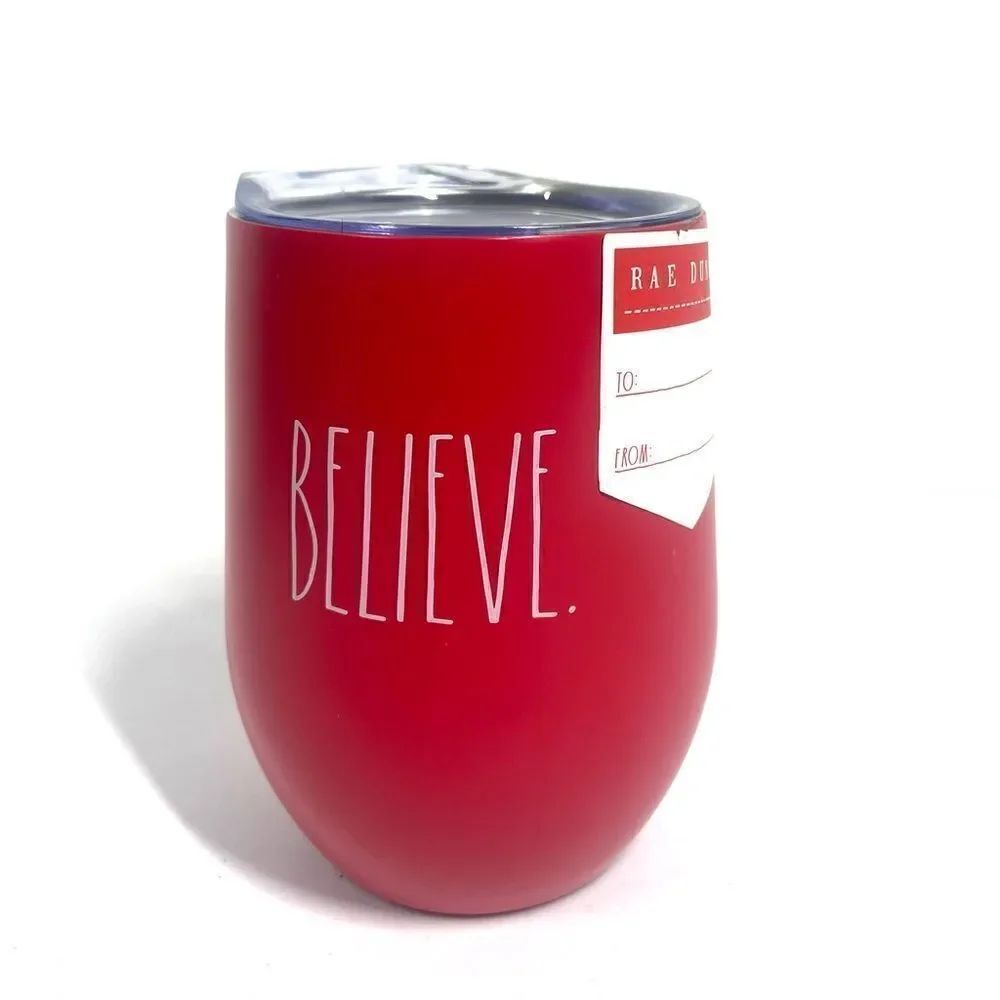 Rae Dunn Believe Red Insulated Stainless Steel Wine Tumbler Sip Lid 12 oz New